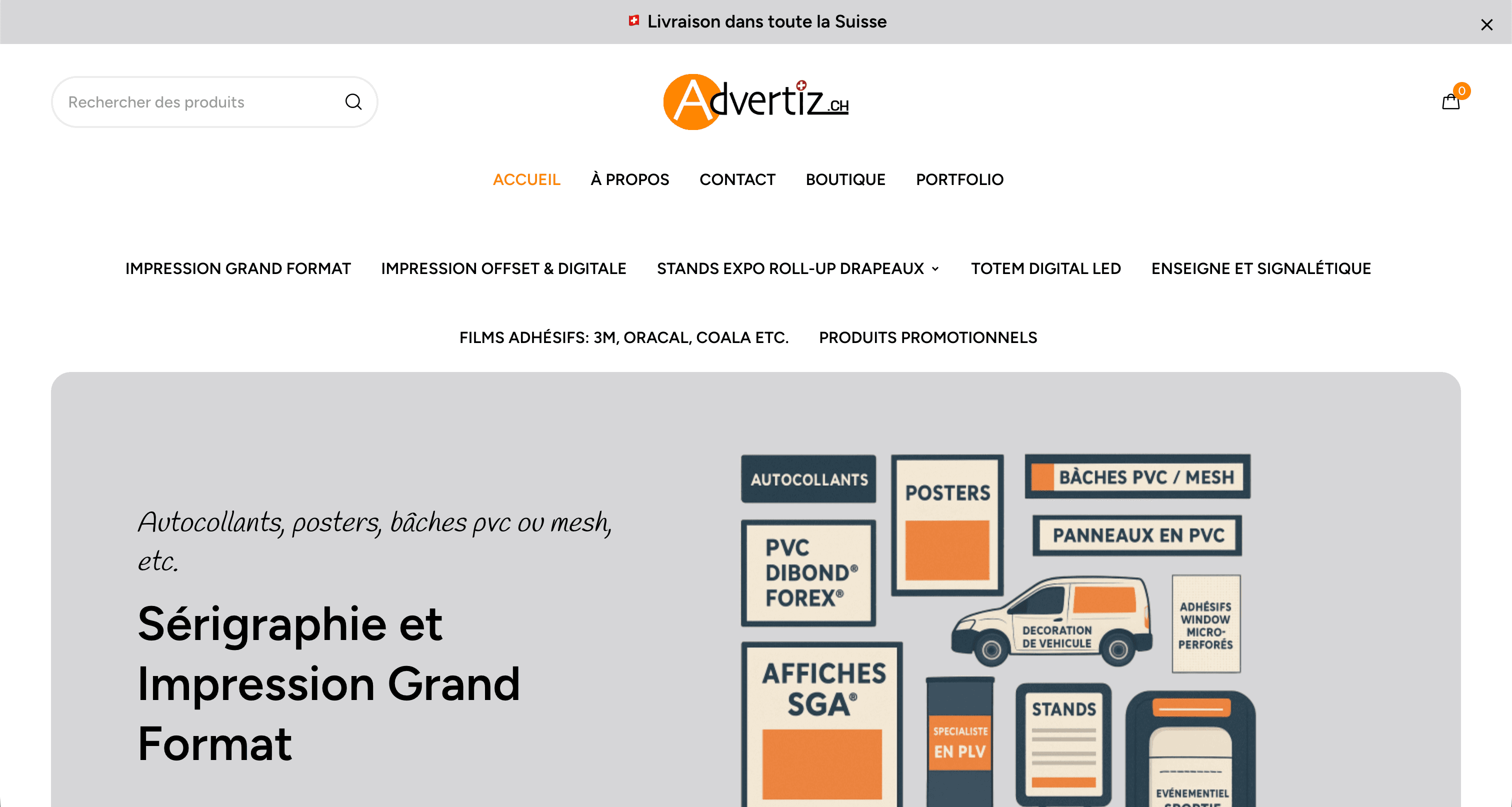 Capture d'écran du projet Advertiz.ch — E-commerce imprimerie genevoise